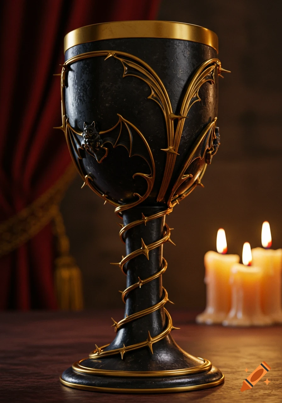 An ornate black and gold goblet with bat and thorn details, set against a dark background with red curtains and lit candles.
