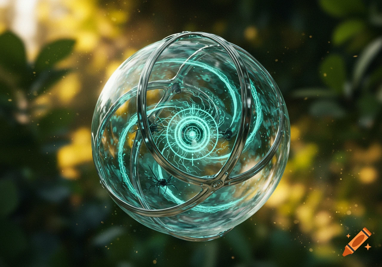 A futuristic transparent sphere with metal rings, glowing teal energy swirls, and black spiders inside, against a blurred natural background.