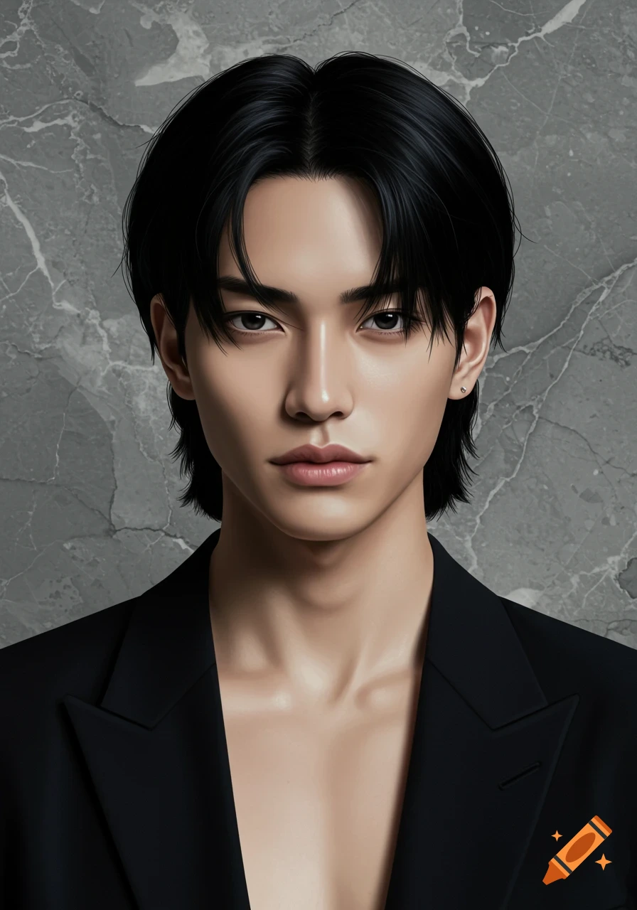 A handsome Japanese man with k-pop black hair and an ear piercing, wearing an open black suit jacket, against a marbled grey background.