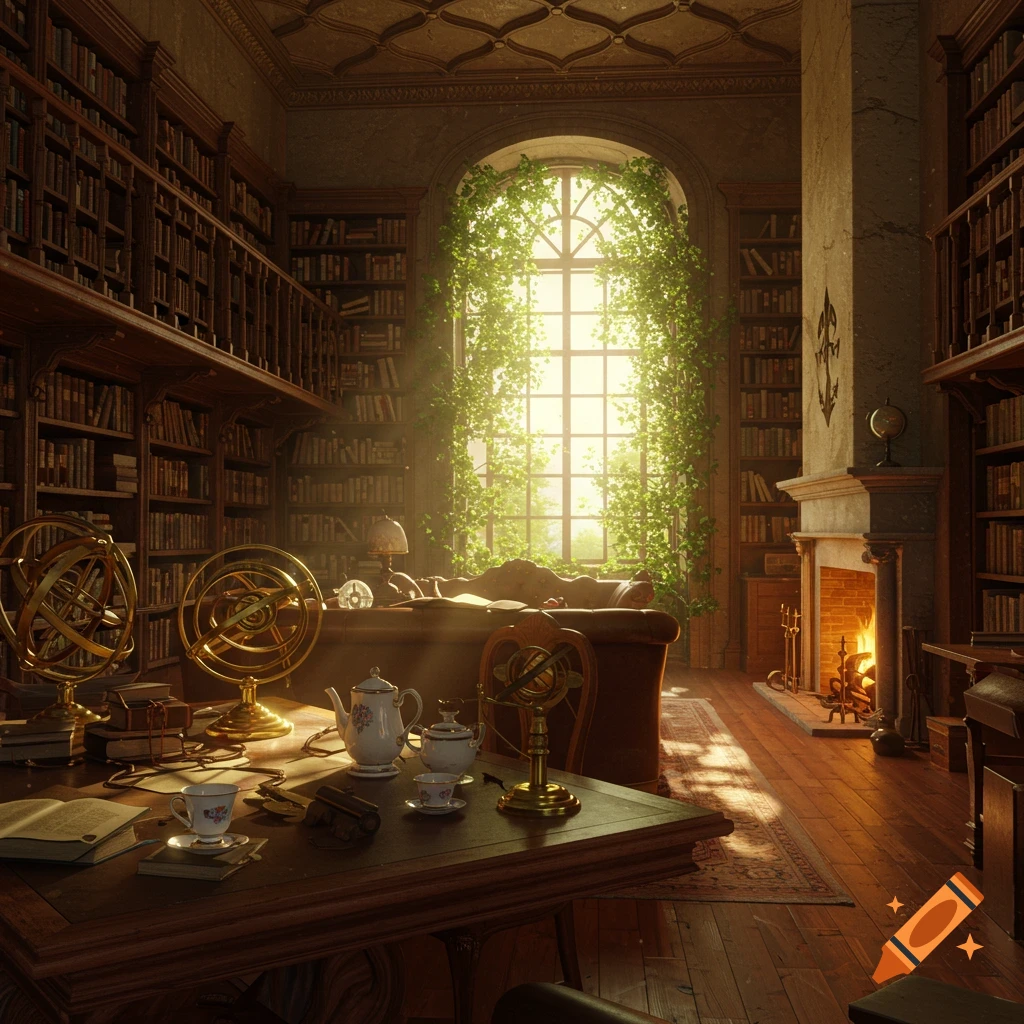 A sunlit, old-world Victorian library with tall bookshelves, a vine-covered window, a fireplace, and a table with astronomer's tools and a tea set, in Studio Ghibli style.