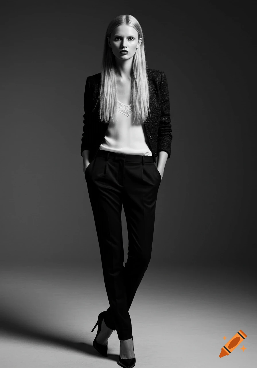 A full-body black and white studio shot of a blonde woman in a blazer, white lace camisole, black trousers, and high heels.