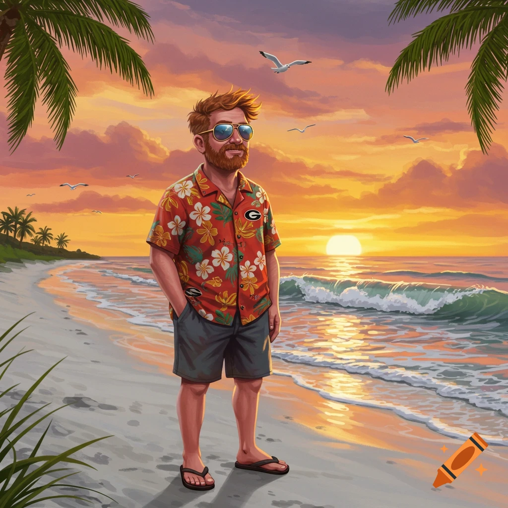 Red-haired man in sunglasses, Hawaiian shirt with a 'G' logo, shorts, and flip-flops stands on a beach at sunset with crashing waves.