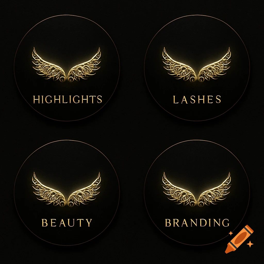 Four black circular logos with glowing golden ornate wing designs and gold text for 'Highlights', 'Lashes', 'Beauty', and 'Branding'.