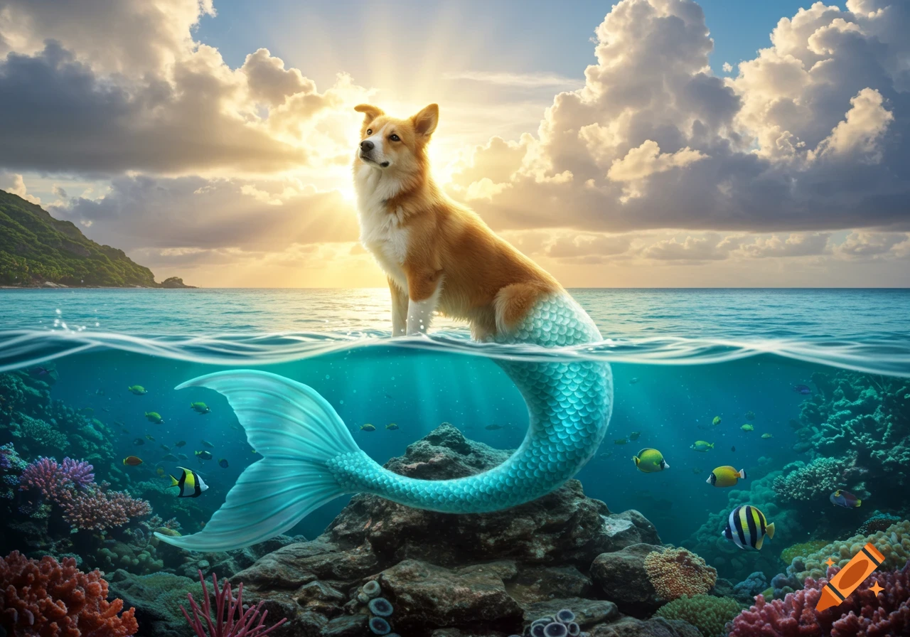 A photorealistic corgi-like dog with a blue mermaid tail sits in tropical ocean water, showing coral reefs and fish below, under a sunset sky.