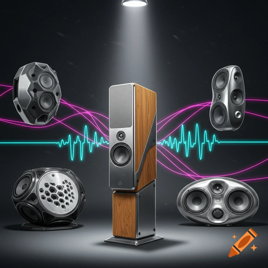 Five futuristic speaker designs, including a tall central one, with neon sound waves and a spotlight on a dark background.