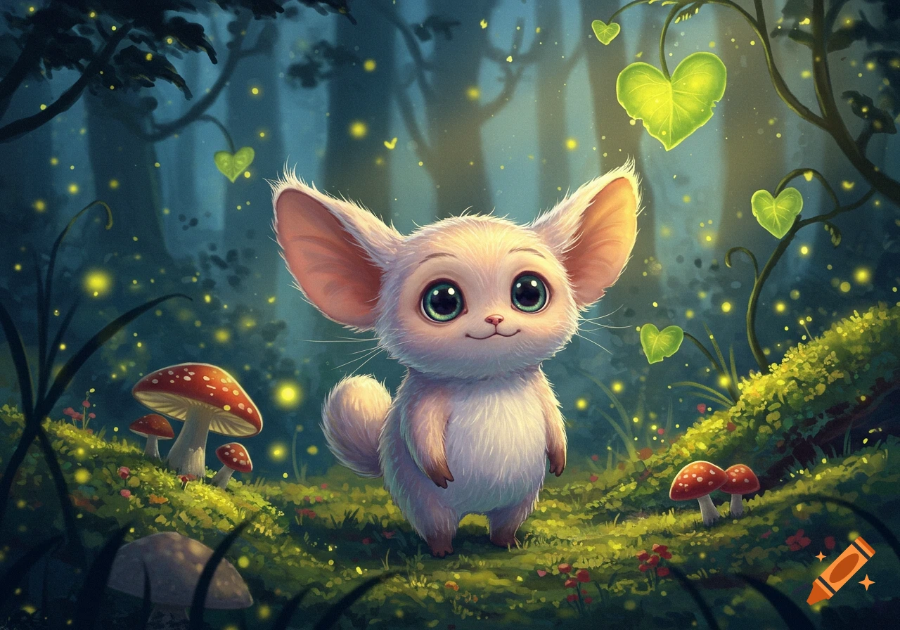 A cute, fluffy white creature with big eyes and ears stands in a magical forest with glowing mushrooms, heart leaves, and fireflies. Digital art.