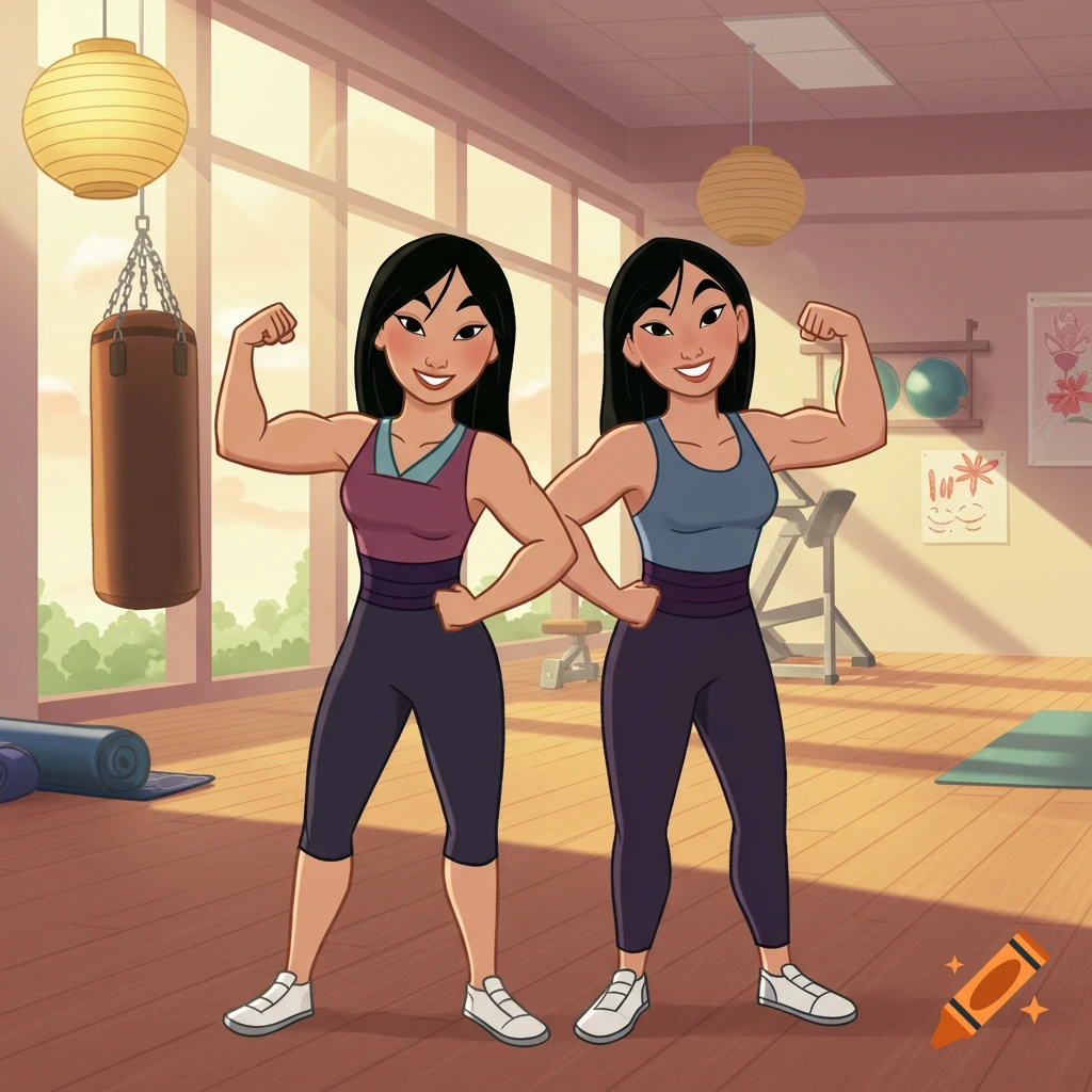 Two cartoon women resembling Mulan flex their muscles in a gym, with a punching bag and exercise mats in the background.