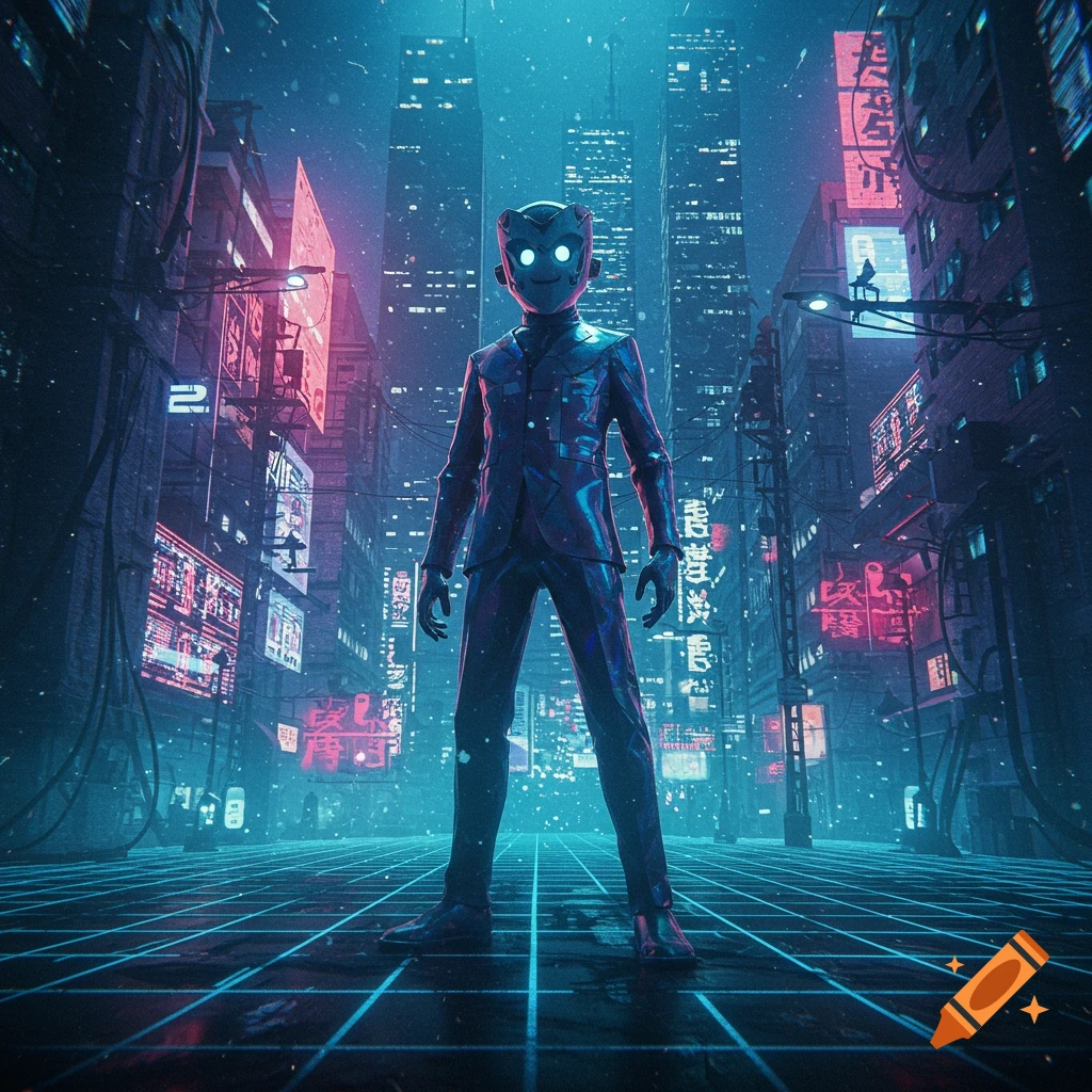 A stylized robot-like character with glowing eyes stands in a neon-lit cyberpunk city at night on a grid-patterned street.