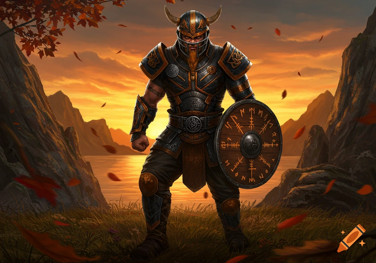 A fierce Viking warrior in black and gold armor stands before a fiery sunset over mountains and a lake, holding a round shield with runic symbols.