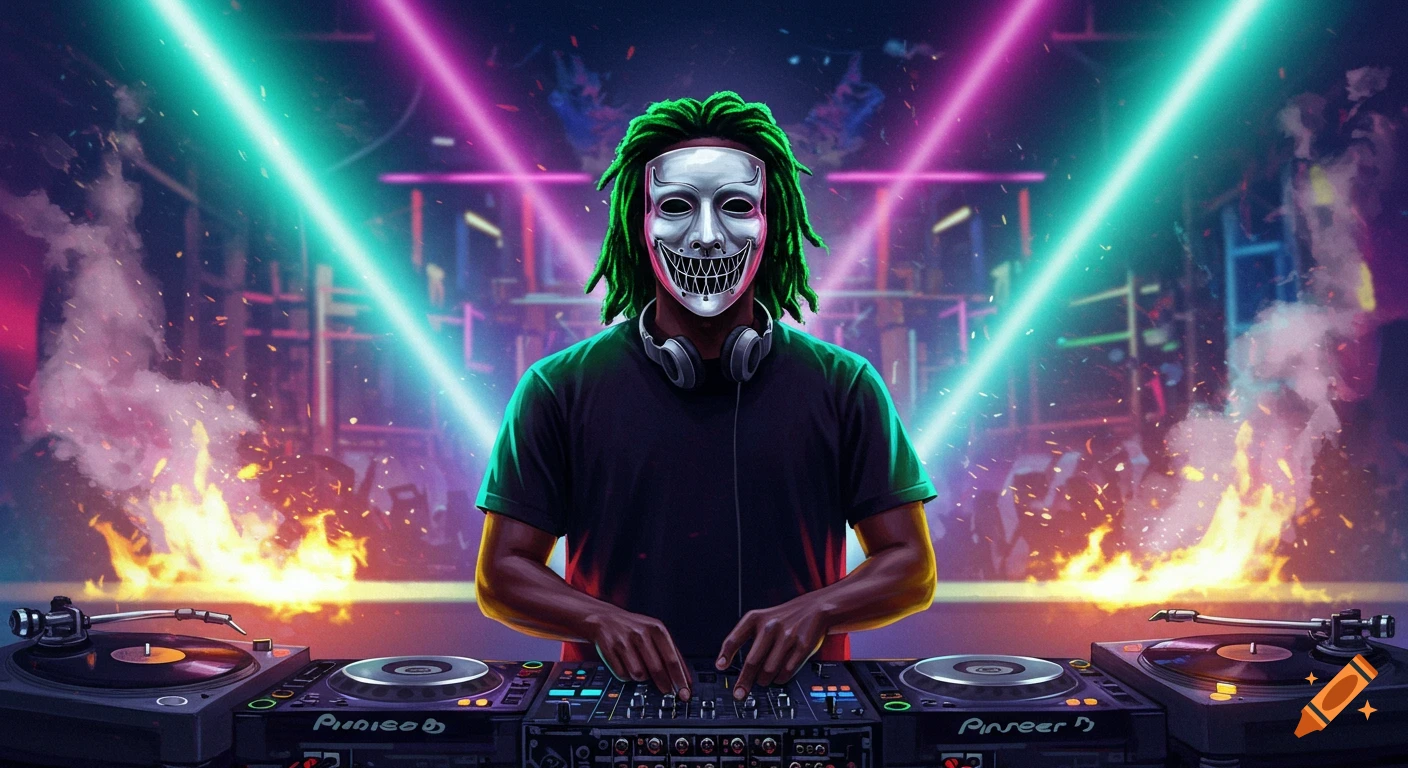Digital art of a DJ with green dreadlocks and a white Vendetta-style mask at a mixer, under neon lights with fire effects.