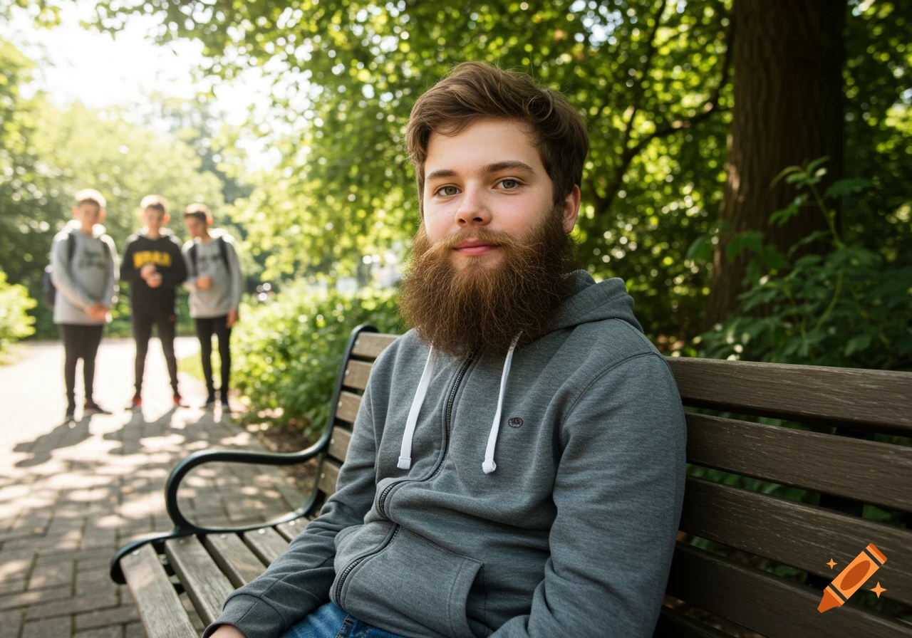 A young man with a full, bushy beard sits on a wooden park bench, looking directly at the camera. Other blurry figures are in the background.