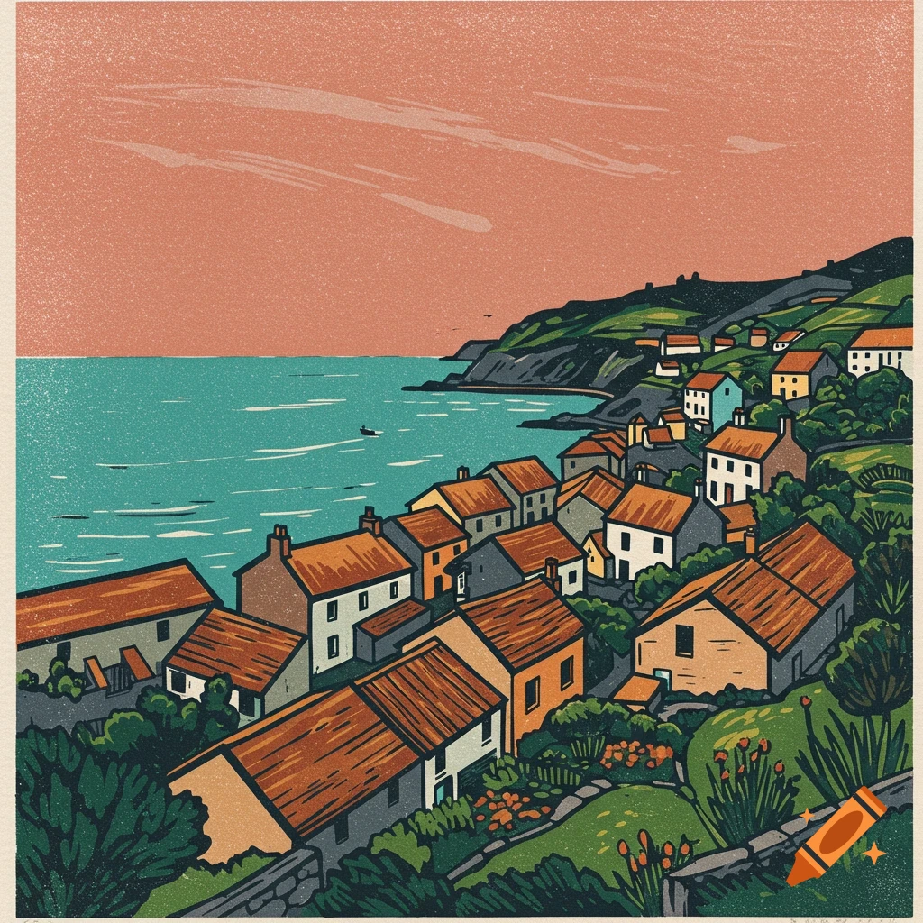 Linocut illustration of a colorful seaside village with houses clustered on a green hillside overlooking the teal sea under an orange sky.