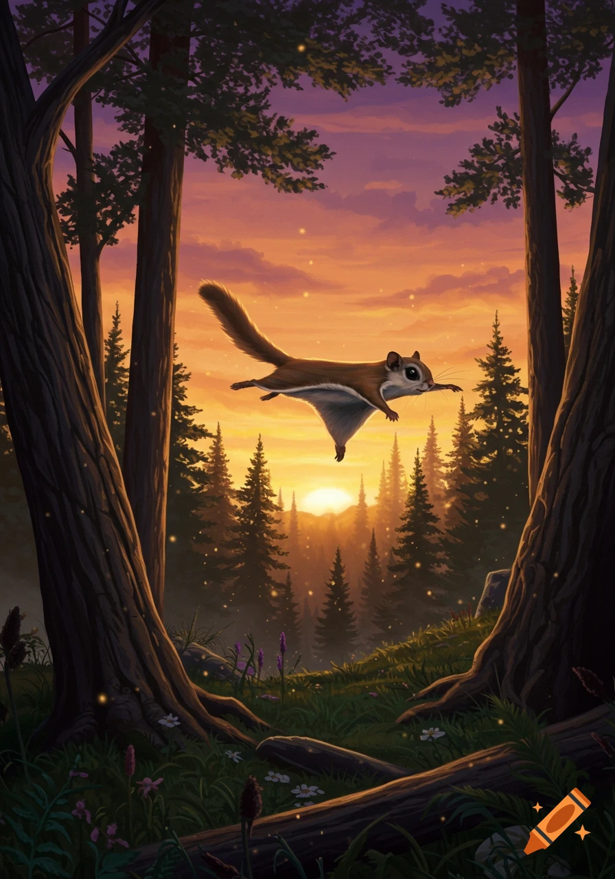 A flying squirrel glides through a vibrant forest at sunset, with golden light filtering through pine trees.