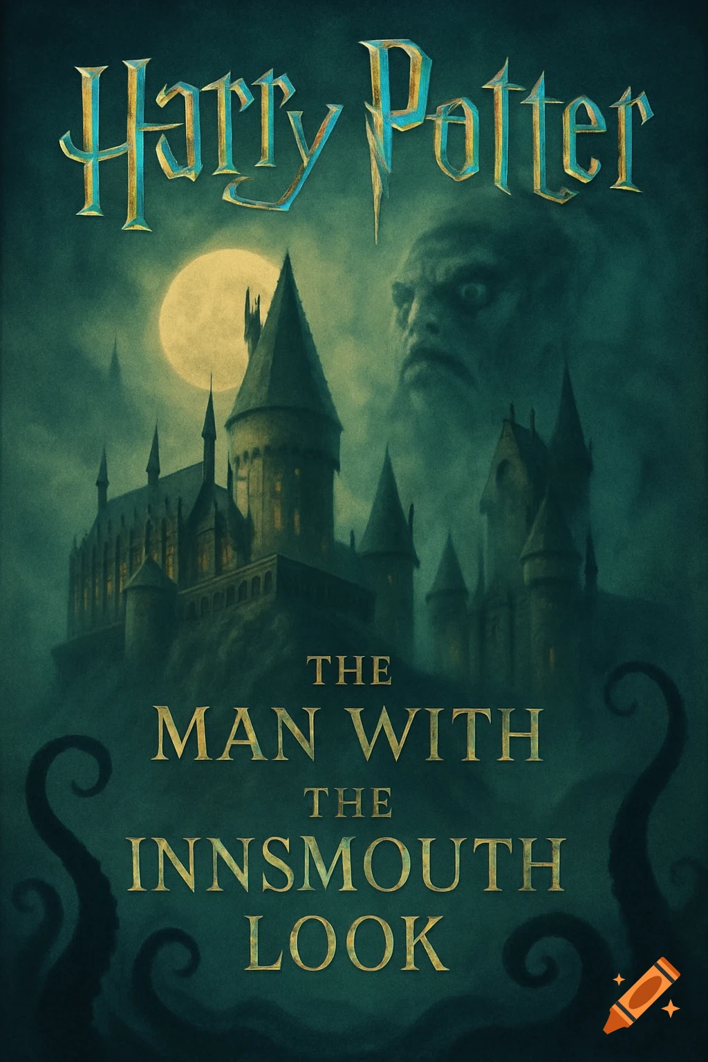 Dark fantasy book cover with a gothic castle, full moon, a menacing fish-like face, and tentacles, for 'Harry Potter and the Man with the Innsmouth Look'.