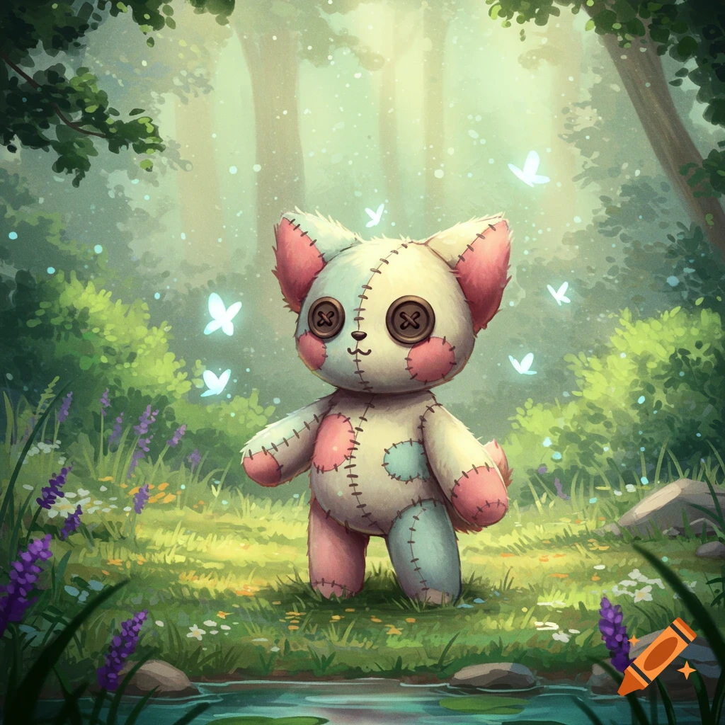 A cute, patched stuffed animal with button eyes stands in a magical forest clearing with glowing butterflies and purple flowers.