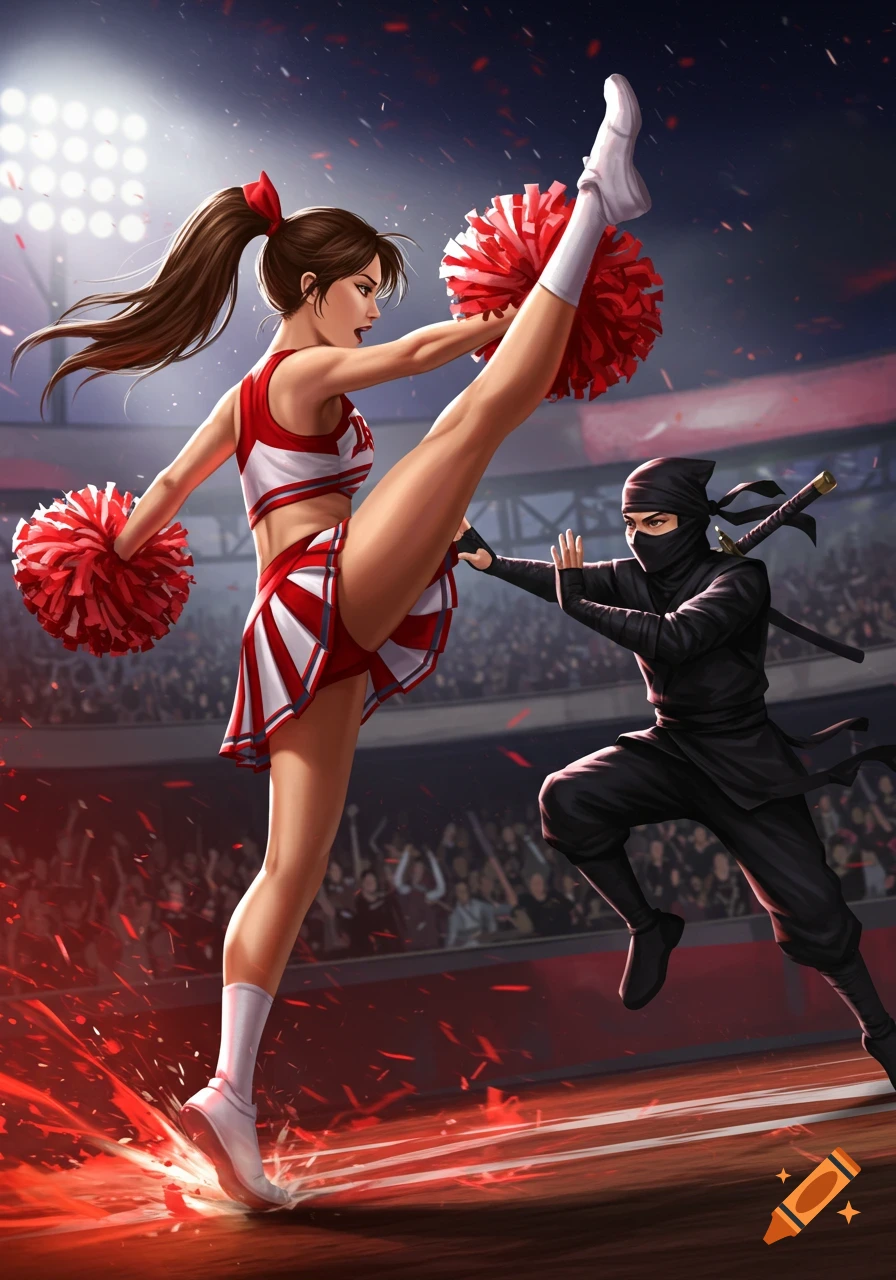 A dynamic digital illustration of a cheerleader in red and white uniform high-kicking a ninja in a black suit on a sports arena floor.