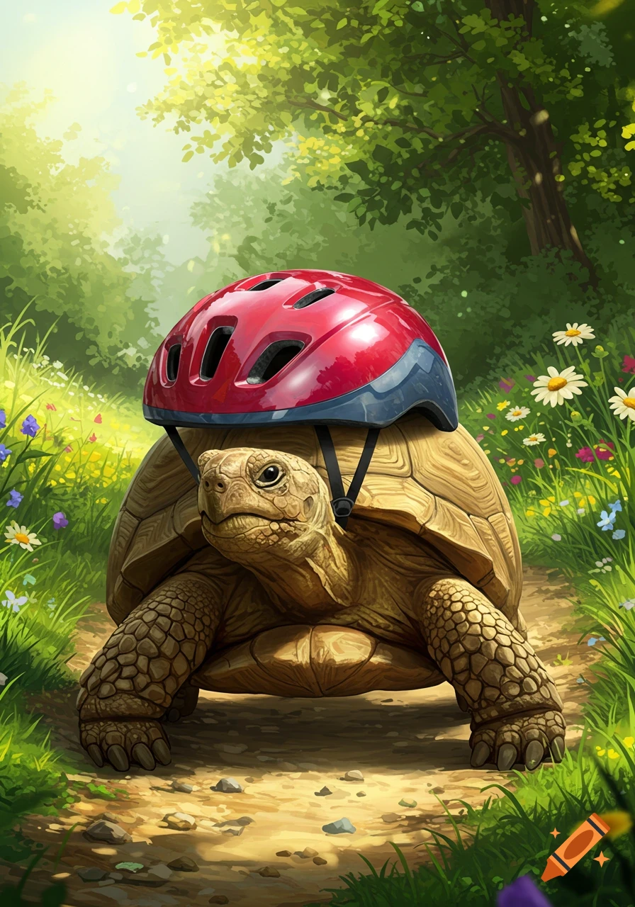 A large tortoise wearing a red and blue bicycle helmet walks on a dirt path through a vibrant, sunlit forest filled with wildflowers. Realistic illustration.
