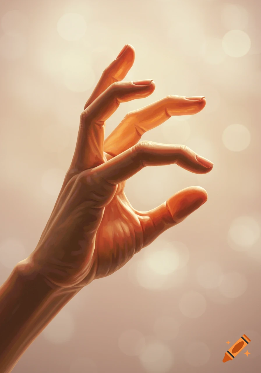 A warm-toned artistic illustration of a human hand held in a delicate, slightly cupped pose against a soft, blurred background.