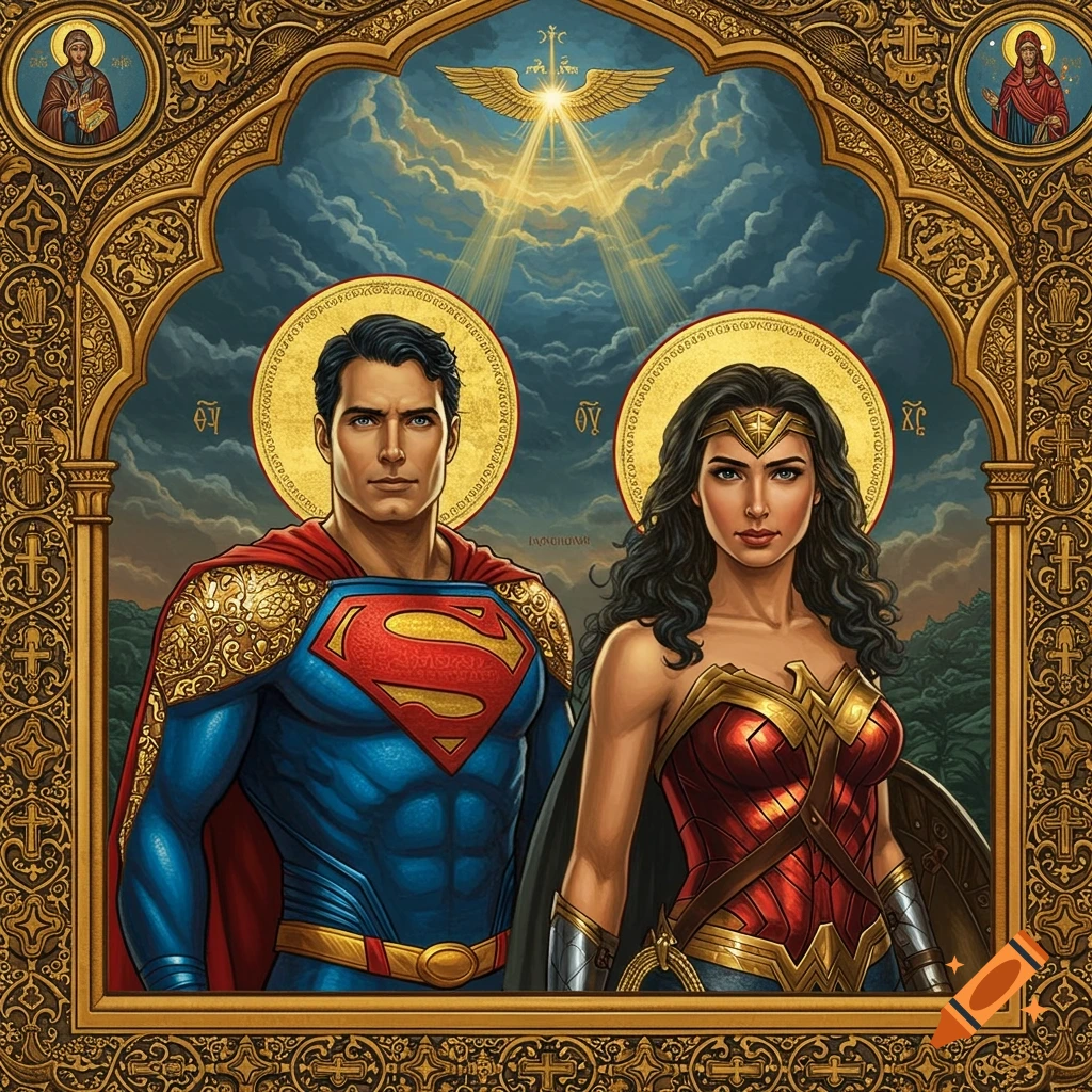 Superman and Wonder Woman as religious icons with golden halos, set in an ornate golden frame in the style of a Russian Orthodox triptych.