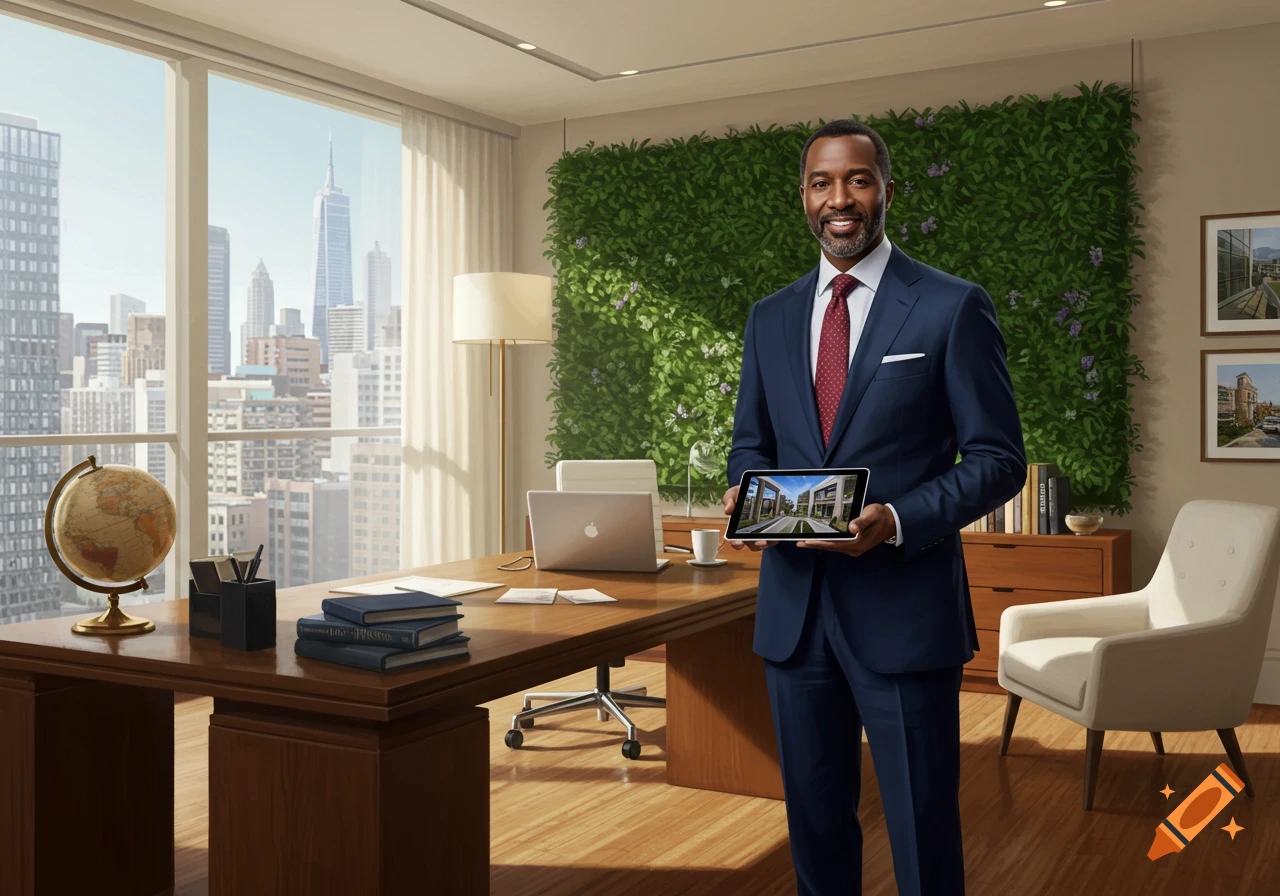 A smiling Black businessman in a suit holds a tablet displaying a modern building in a bright office with a city view and a plant wall.