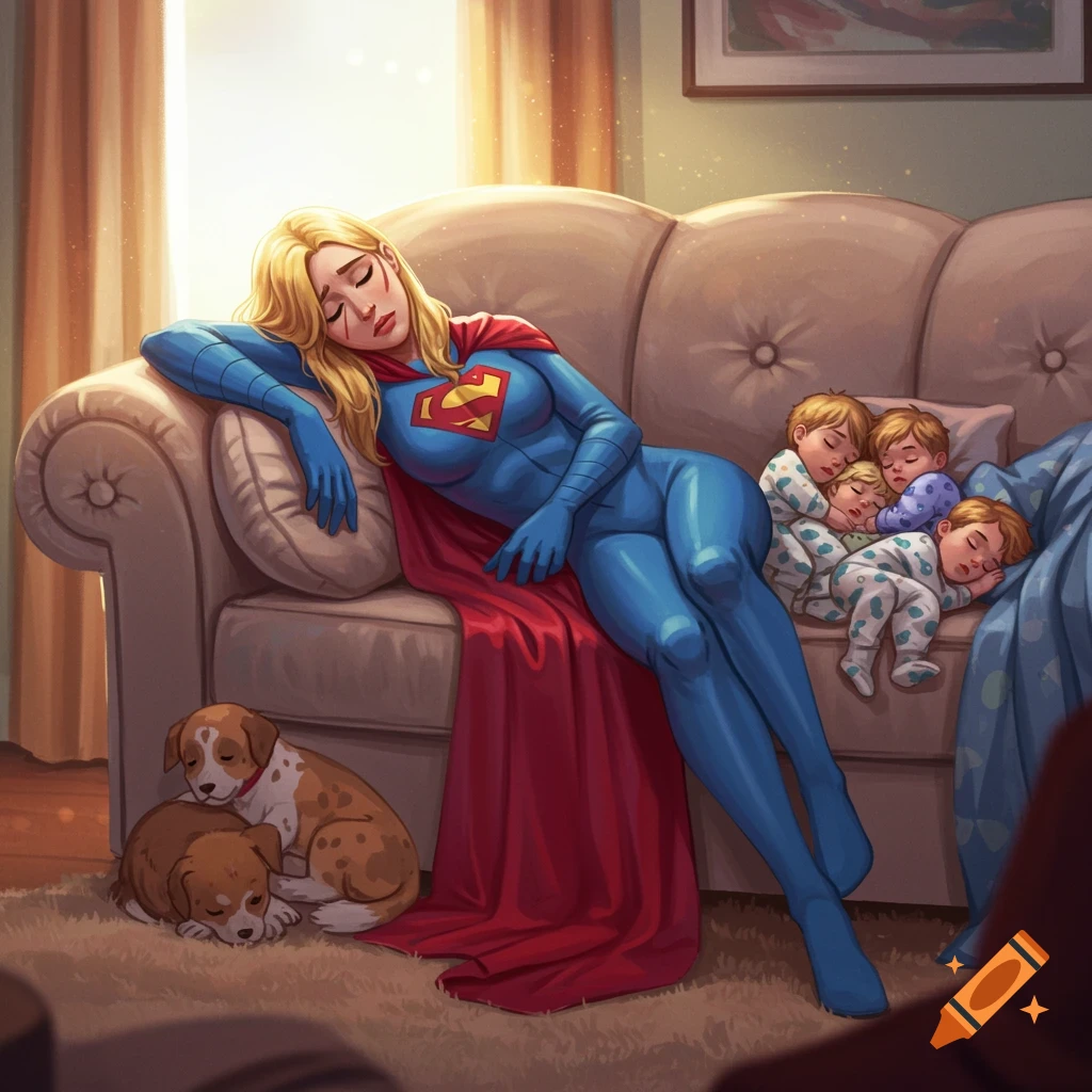 A tired female superhero in a blue suit and red cape sleeps on a couch next to sleeping babies and two puppies, in a comic art style.