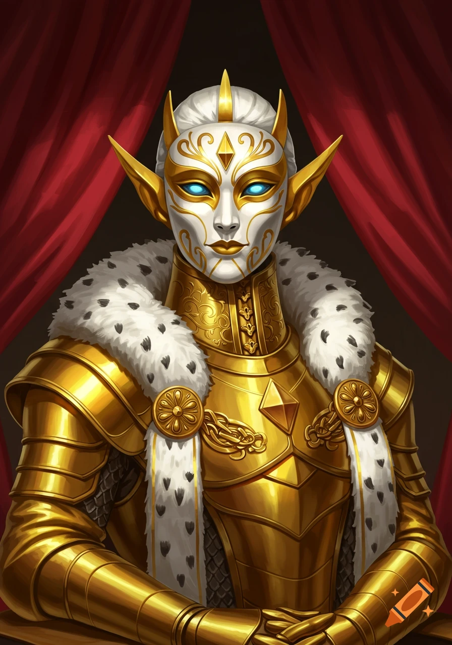 A masked golden king in ornate armor and a fur collar, with glowing blue eyes, against red drapes.