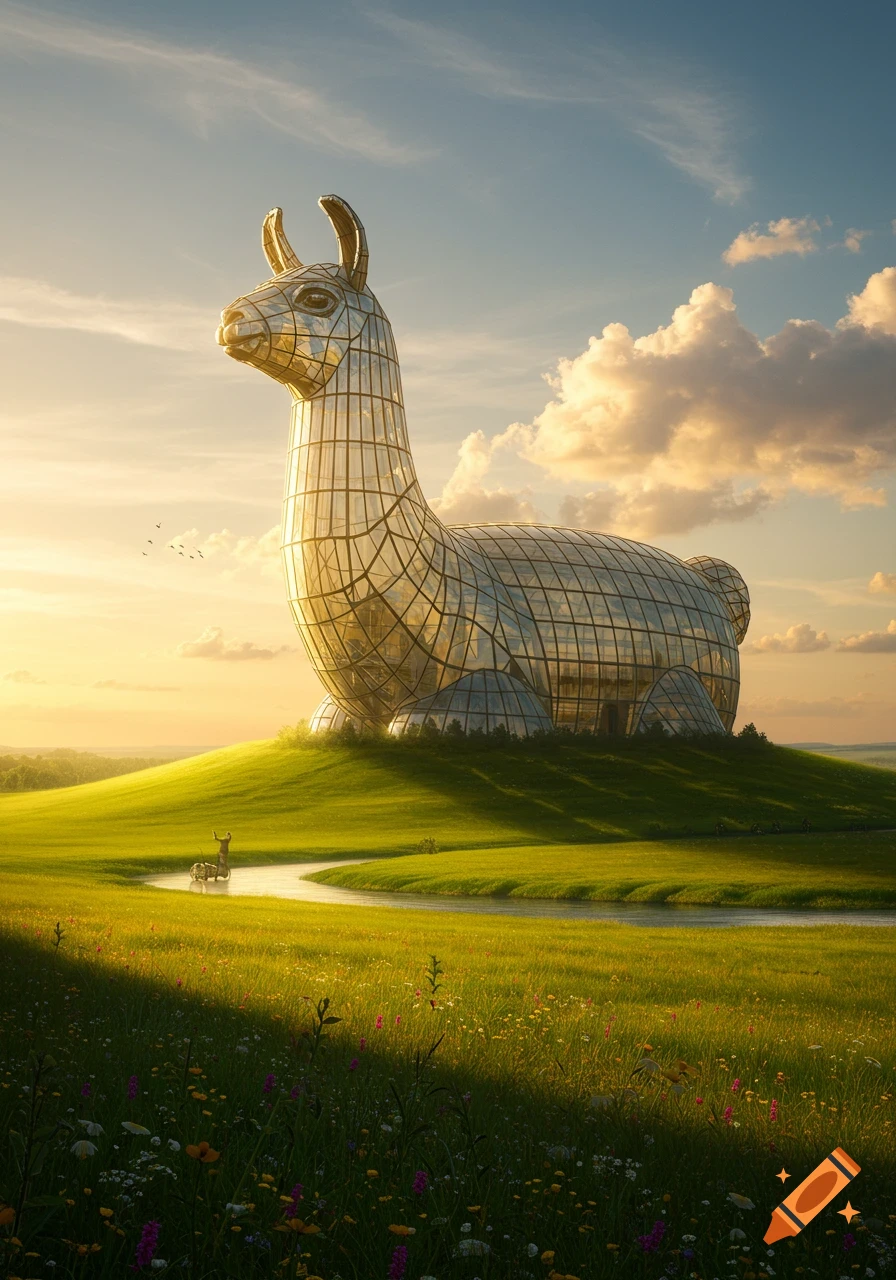 A giant, photorealistic glass llama-shaped building stands on a lush green hill at sunset, with a stream winding below.