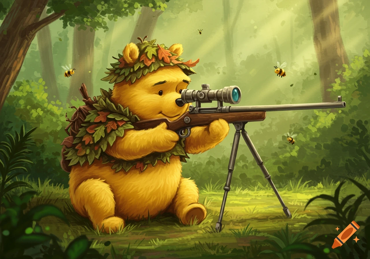 Cartoon Winnie the Pooh in a leaf costume aims a sniper rifle in a sunny forest with flying bees.