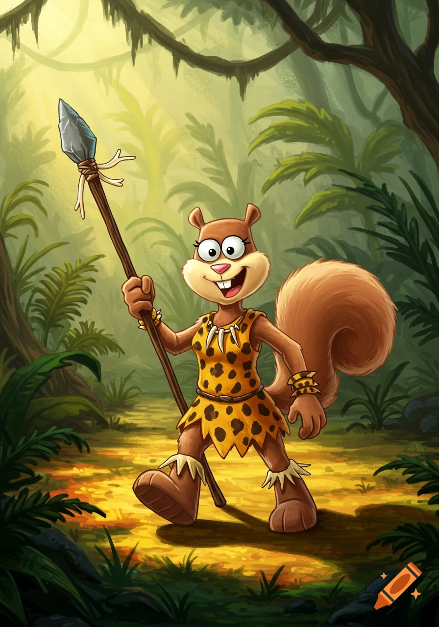 Cartoon illustration of Sandy Cheeks from Spongebob in a leopard-print prehistoric outfit, holding a spear in a jungle.