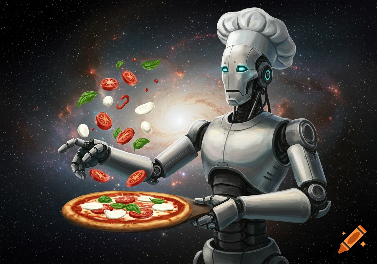 A robot chef in a toque prepares pizza with floating ingredients against a cosmic galaxy background.