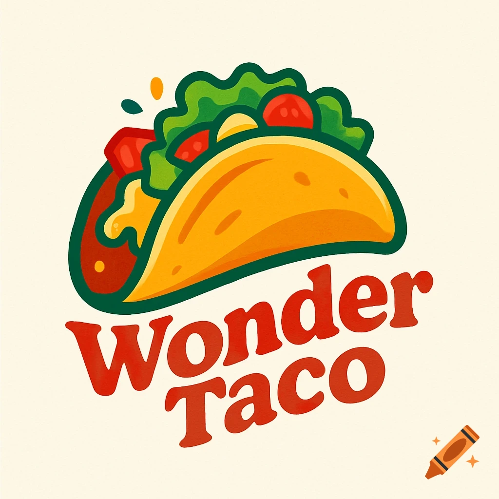 Cartoon logo of a taco filled with lettuce, tomatoes, and cheese, with 'Wonder Taco' written below.
