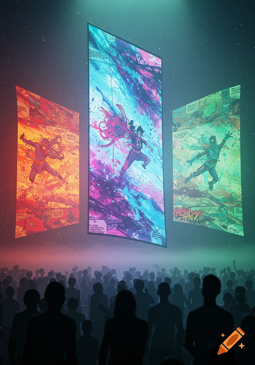 Silhouettes of spectators watch three glowing, vibrant comic panels floating in a starry dreamscape. Comic characters burst from the frames, trailing ink.