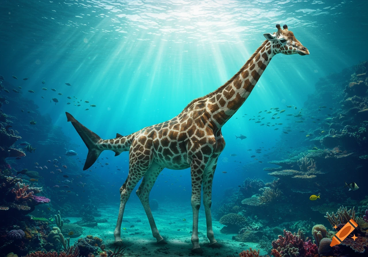 A photorealistic giraffe-shark hybrid stands on a vibrant coral reef on the deep ocean floor under sun rays.
