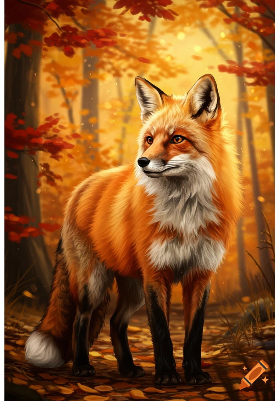 A vibrant red fox with white chest fur stands in a sunlit autumn forest, surrounded by orange and red leaves.
