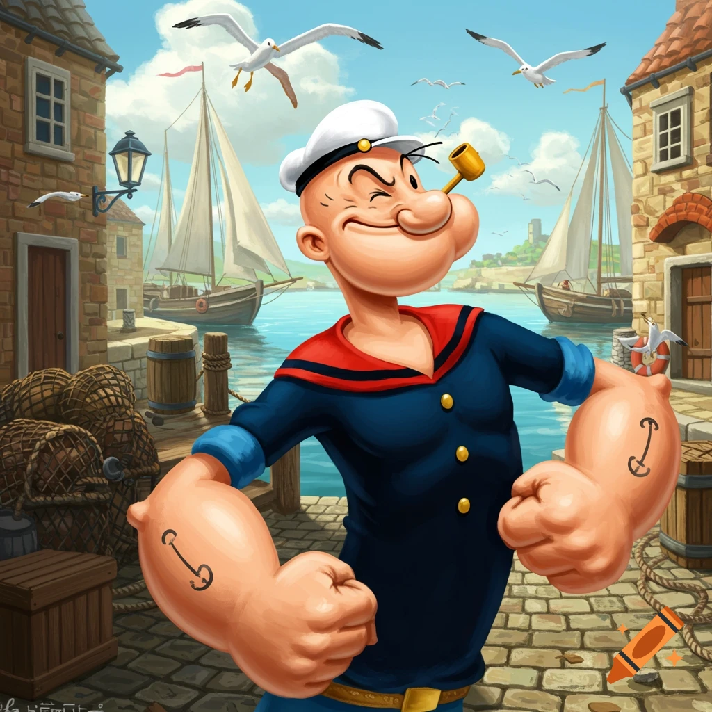 Cartoon illustration of Popeye the Sailor Man flexing his muscles in a bustling harbor with sailboats and seagulls.