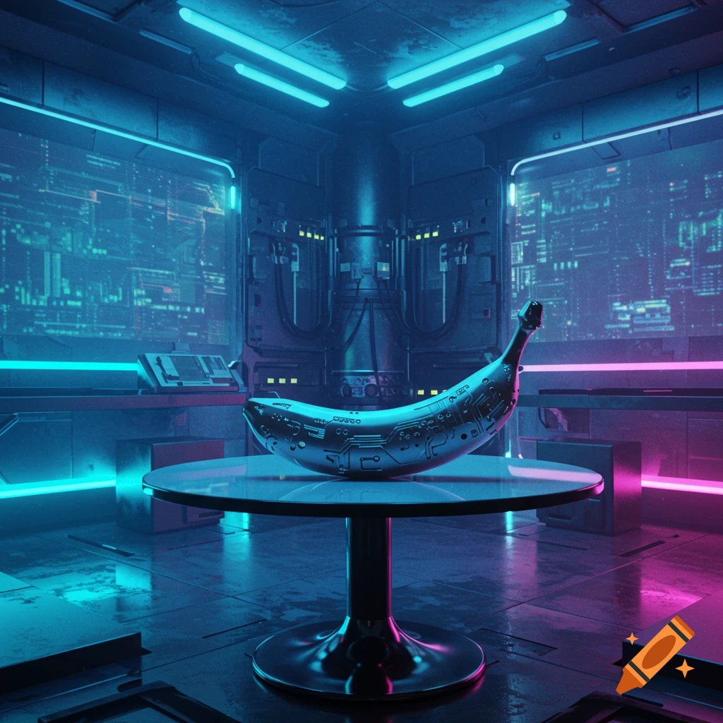 A metallic, circuit-patterned banana on a round table in a dark, neon-lit cyberpunk room with glowing screens.