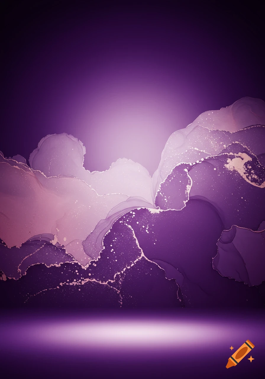 Abstract purple and pink fluid art background with white and gold glitter-like splatters and soft lighting.