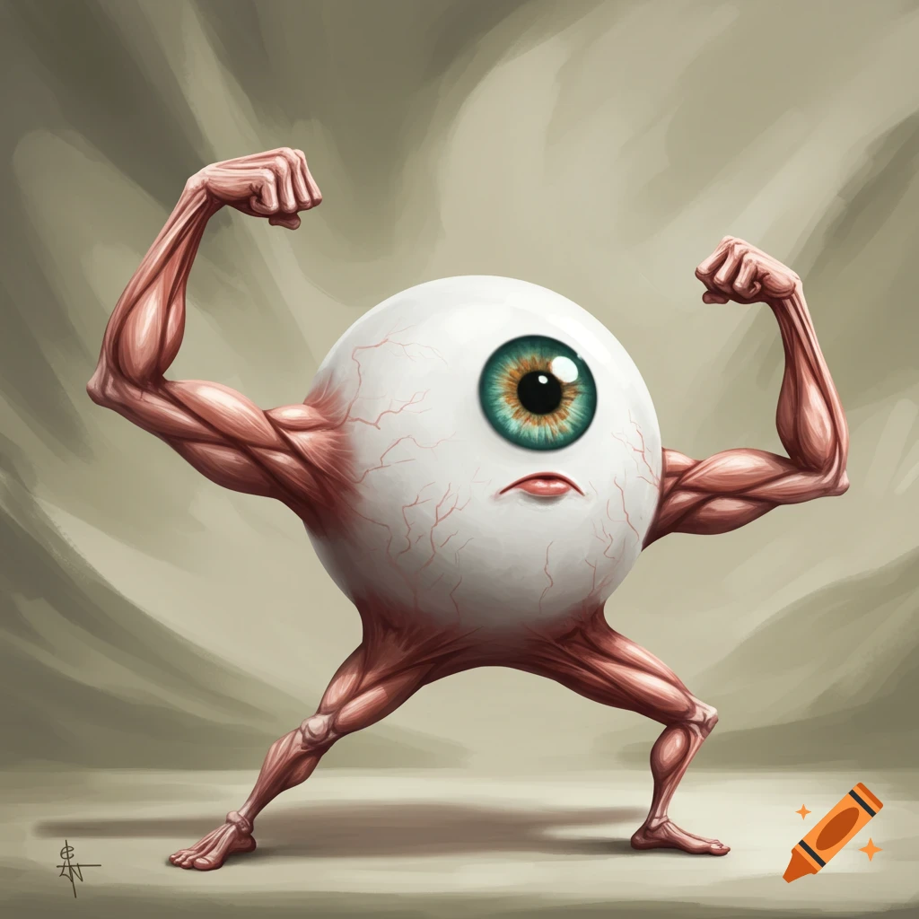 A muscular, sentient eyeball with humanoid arms and legs flexing its biceps in a digital art style.