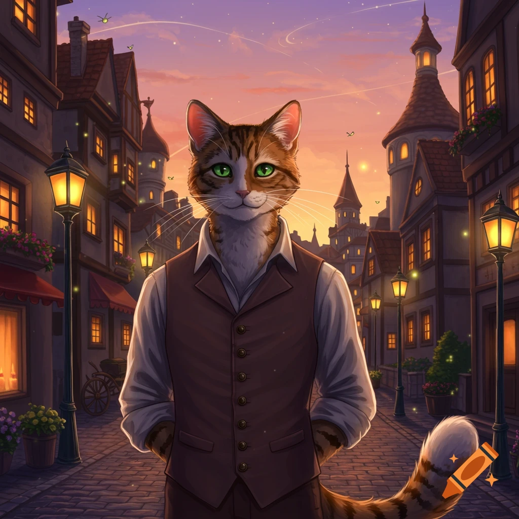 A humanoid tabby cat with green eyes, wearing a white shirt and brown vest, stands on a cobblestone street in a charming European town at sunset.