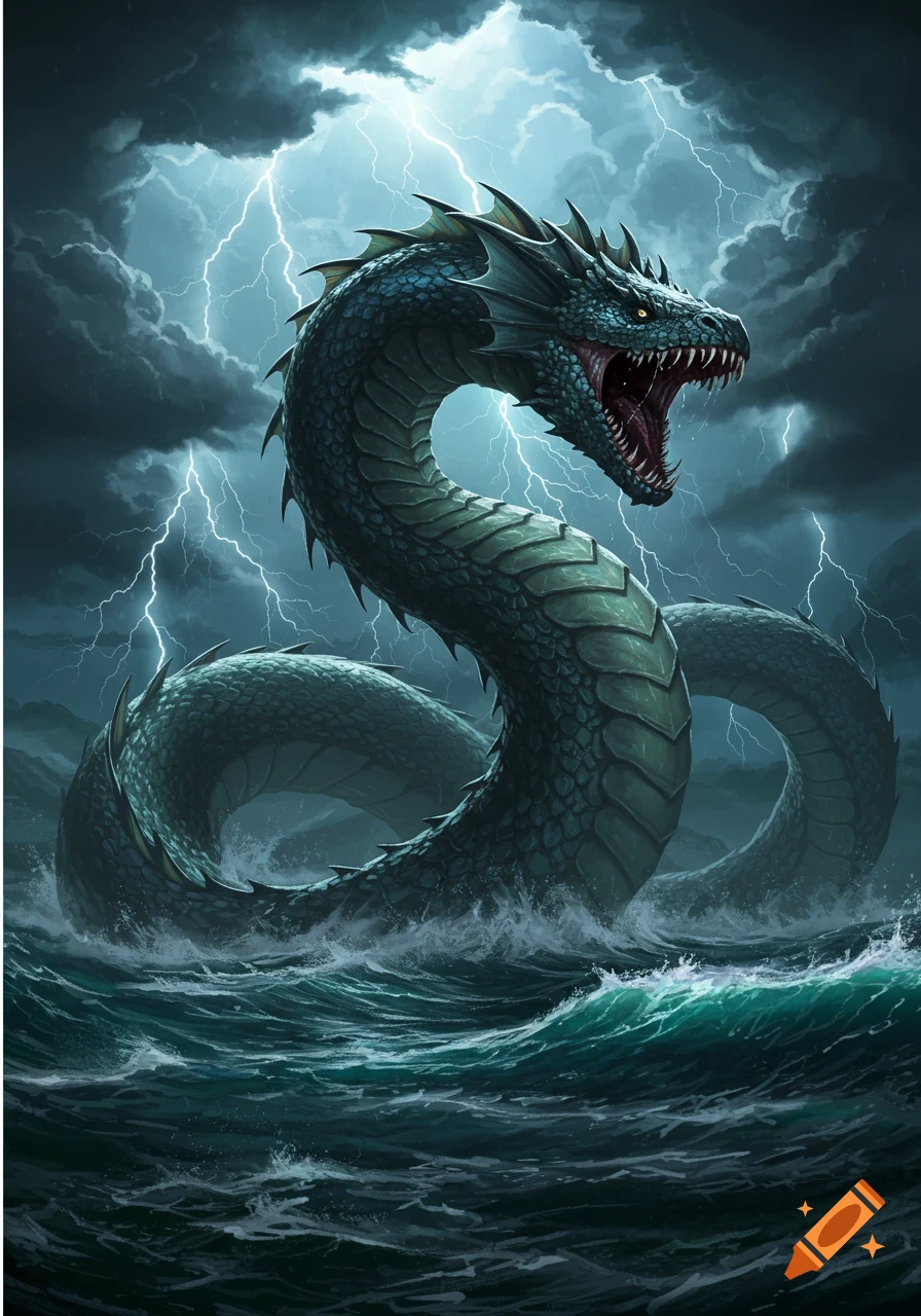 A massive, green-blue sea serpent with fangs roars, emerging from a stormy ocean with lightning striking in the dark sky.