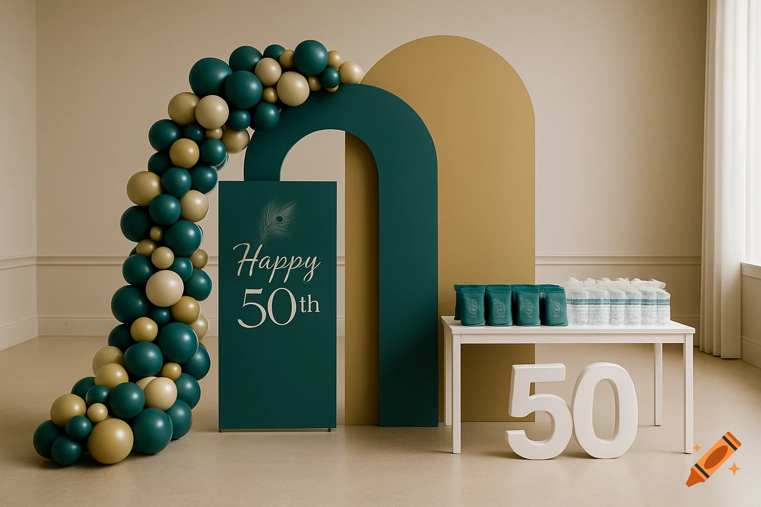 Elegant 50th birthday setup with teal and gold balloons, arches, a 'Happy 50th' sign, and a large '50' prop.
