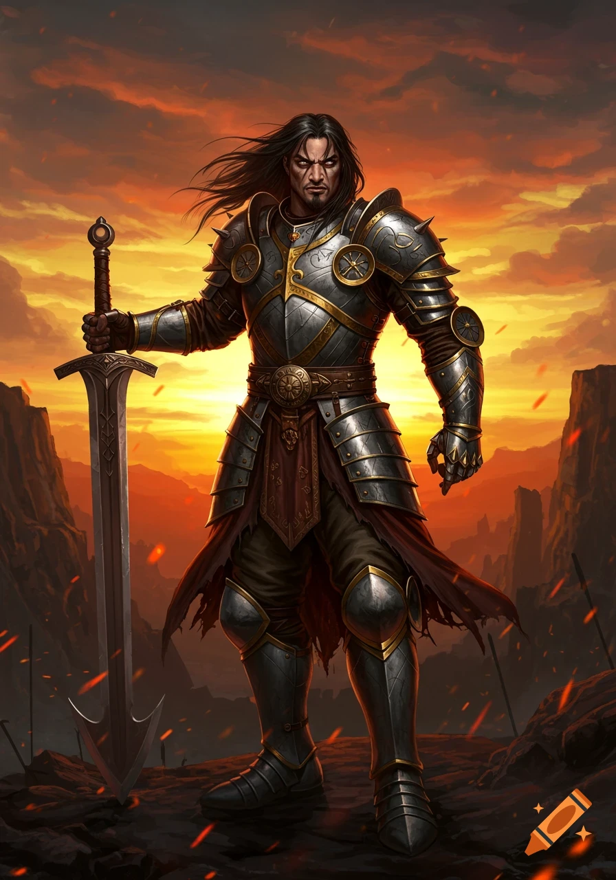 A powerful warrior in ornate silver and gold armor holds a large sword, silhouetted by a fiery orange sunset over a battlefield.
