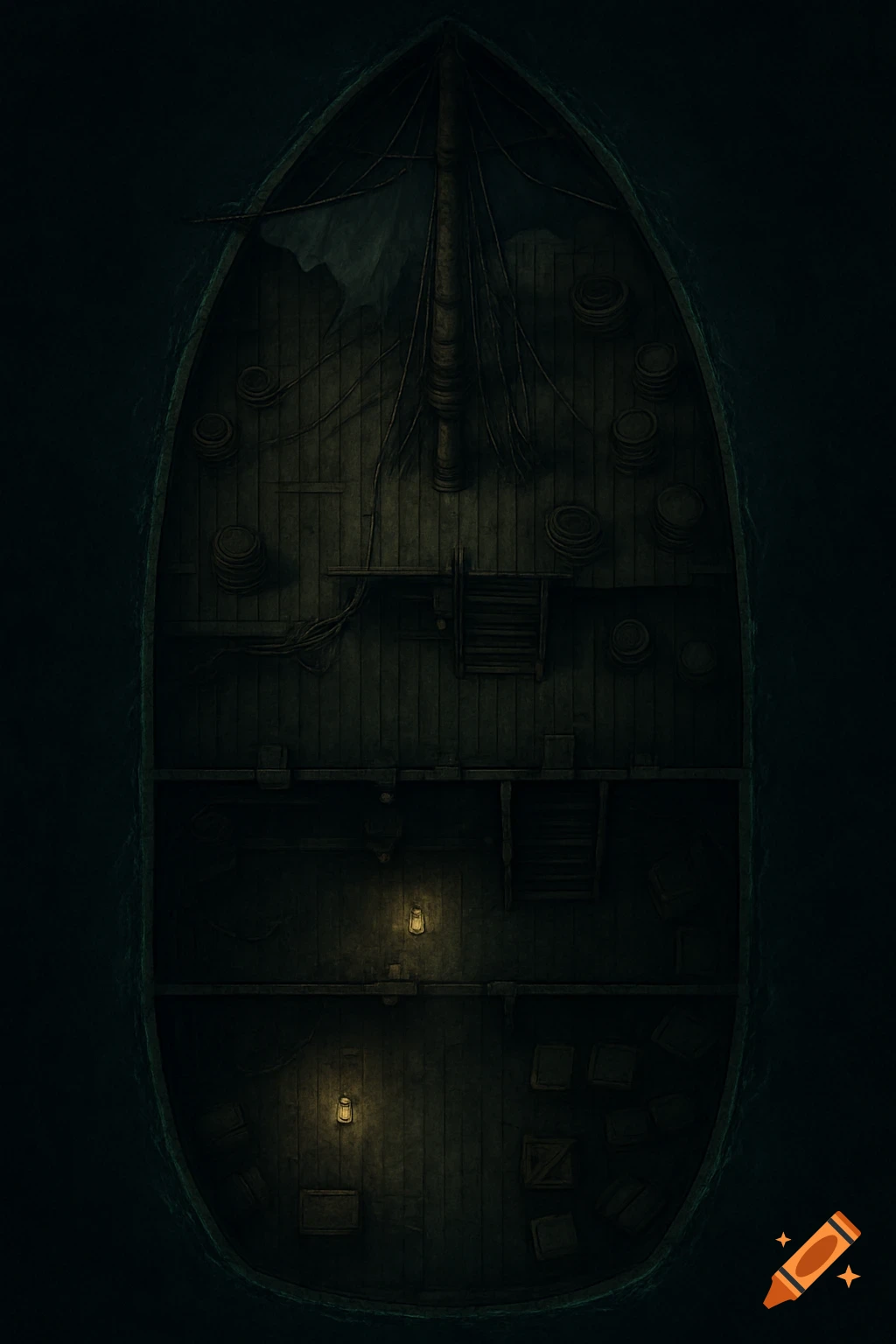 Top-down view of a dark, old two-level ship deck with barrels, ropes, and glowing lanterns, in a DnD map style.