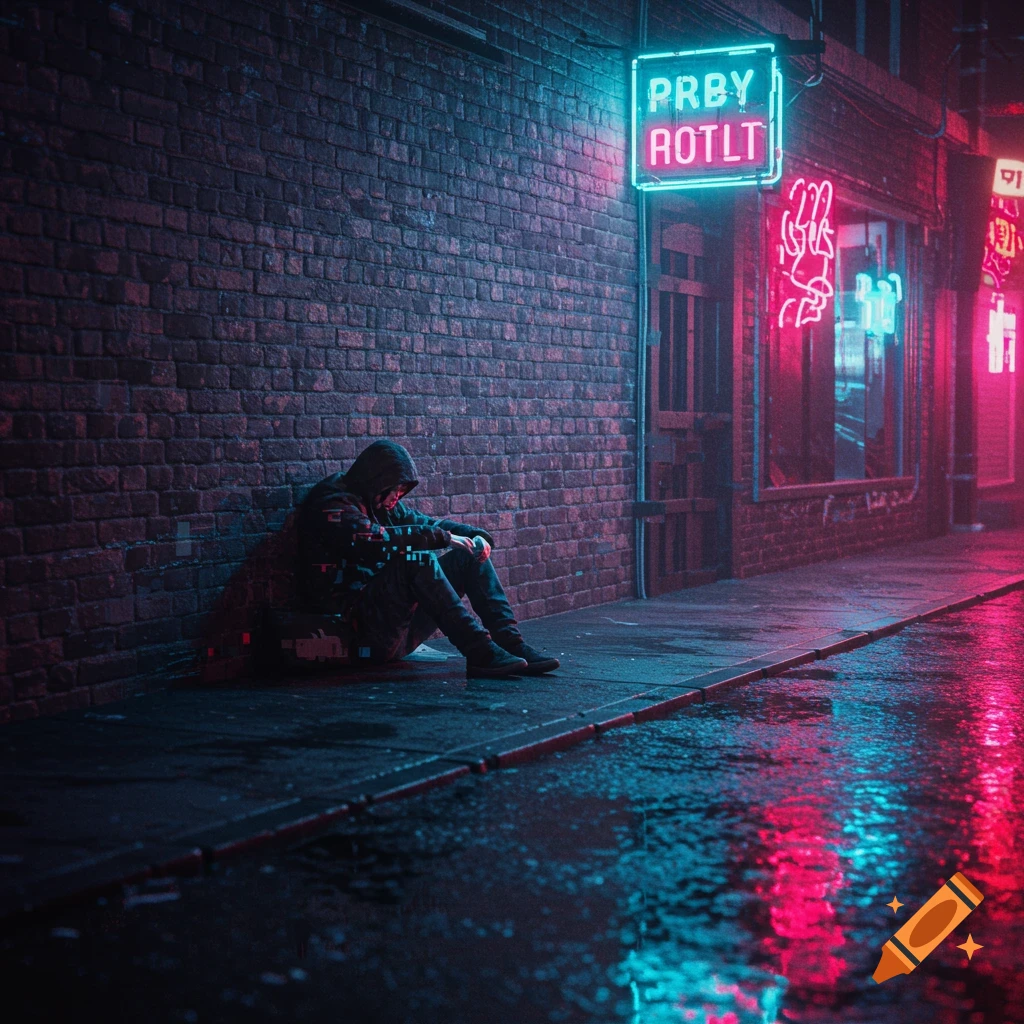 A hooded person sits against a brick wall on a wet city street at night, lit by vibrant neon signs.