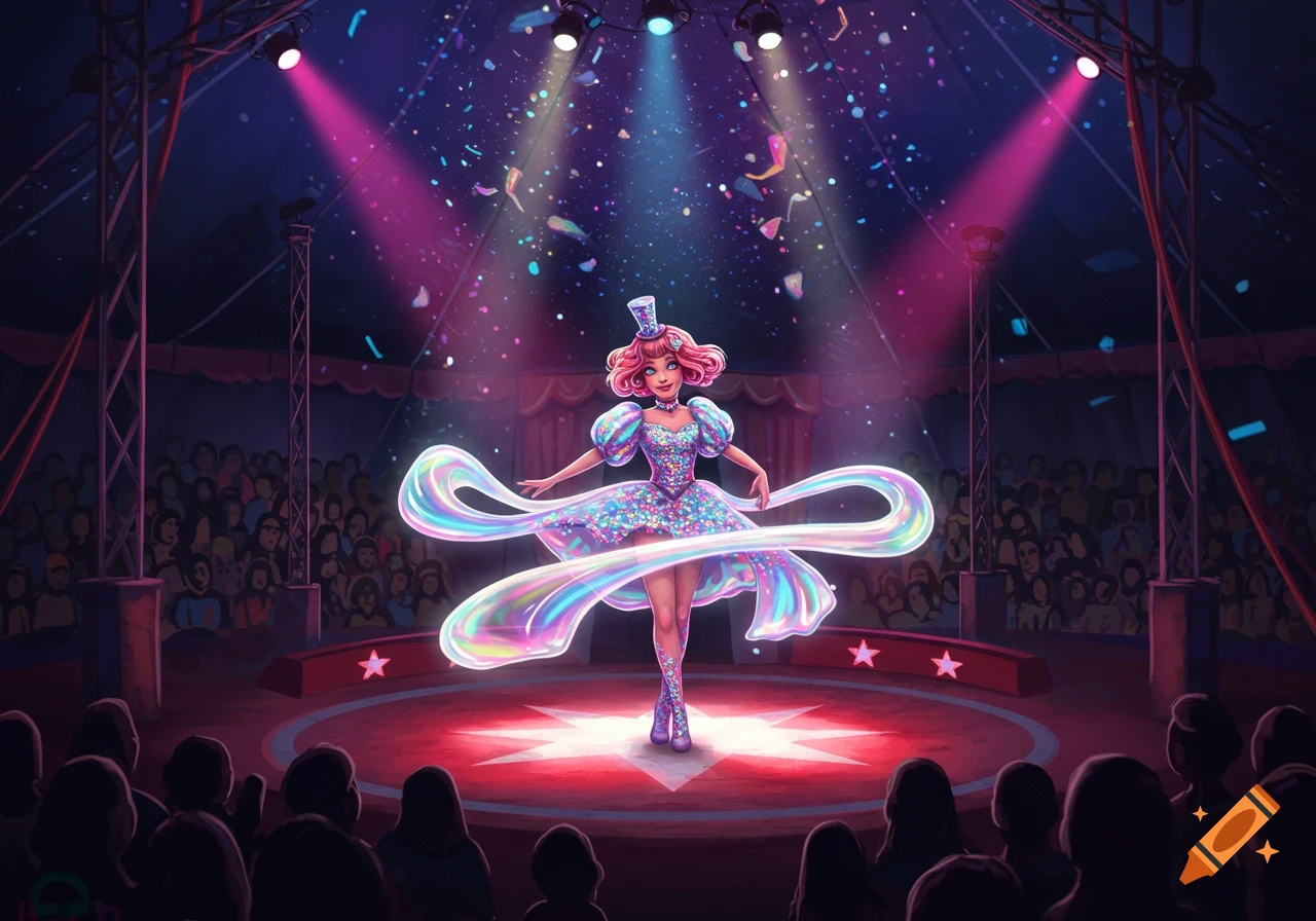 Vibrant cartoon illustration of a performer in a sparkly dress and top hat, twirling a rainbow ribbon on a circus stage under spotlights.