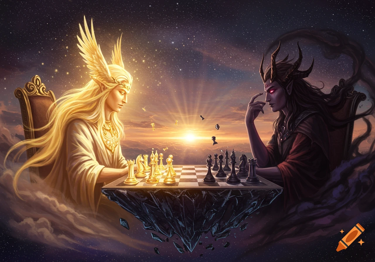 A golden-haired god of light and a dark-horned god of darkness play chess on a floating board in a celestial sky.