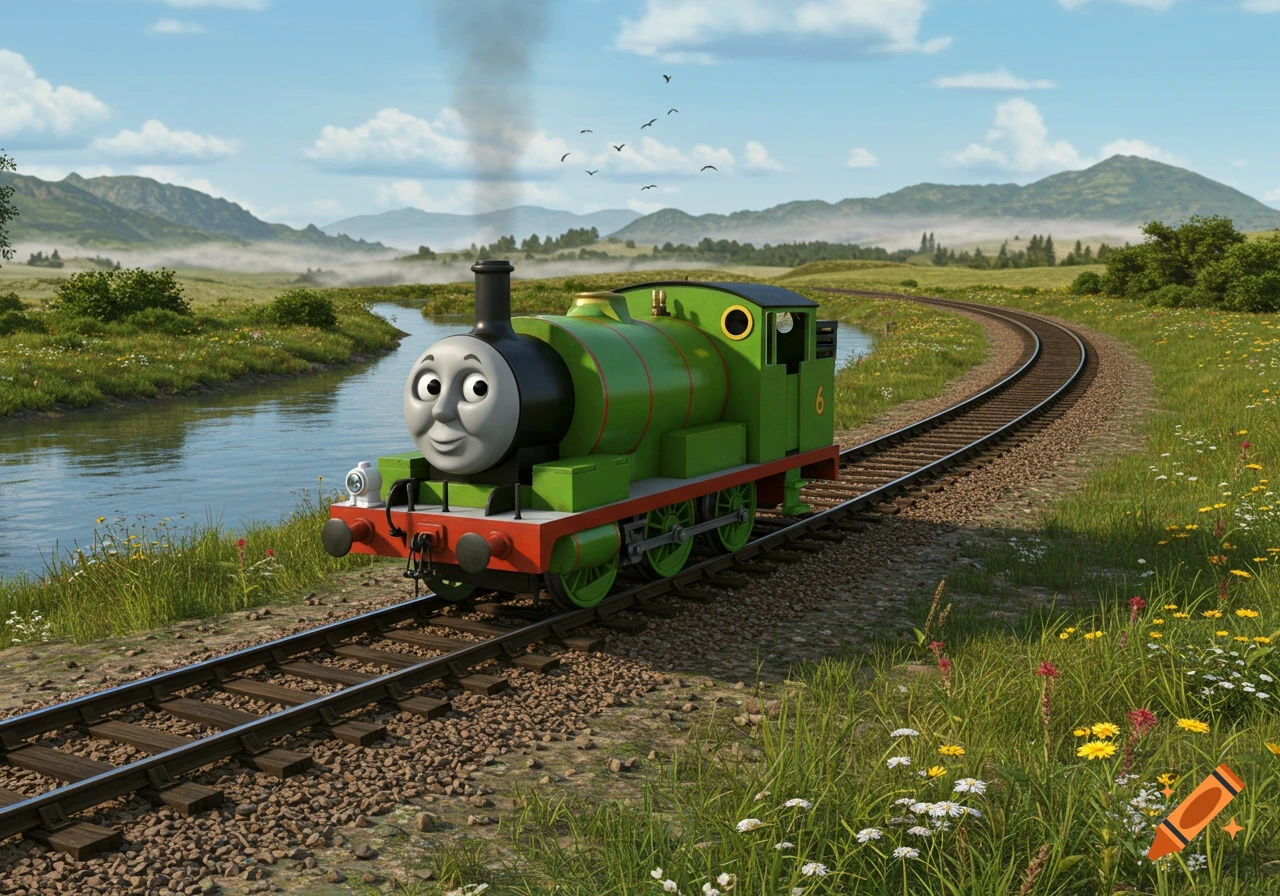 A realistic CGI image of Percy the green train with the number 6 on his side, smiling as he drives on tracks next to a river in a lush, green landscape with distant mountains.