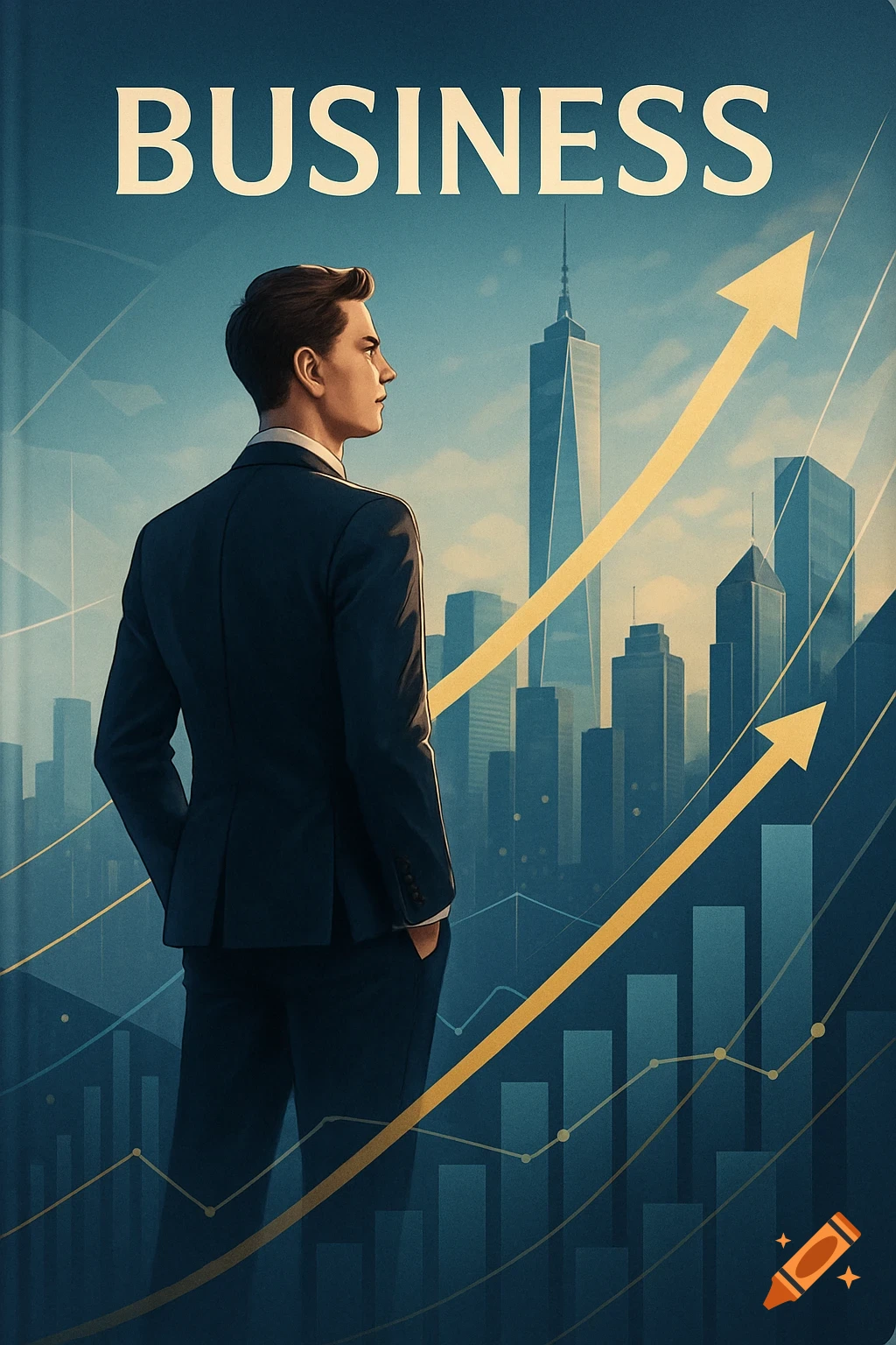 Illustrated man in a suit looking at a cityscape with upward trending arrows, bar graphs, and the word BUSINESS.