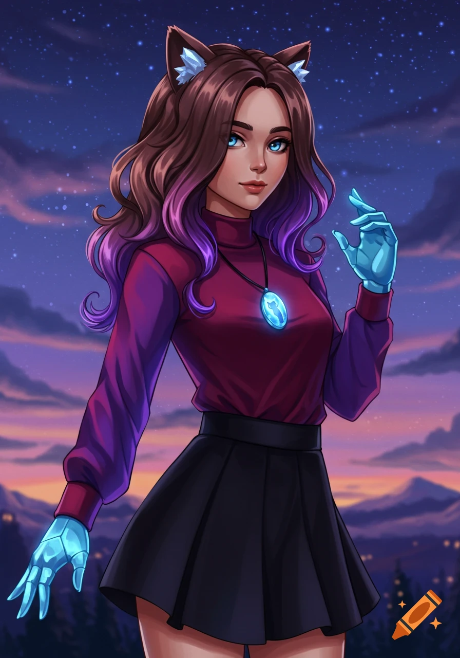 Anime girl with brown and purple hair, crystal cat ears, and glowing crystal hands and necklace, against a starry night sky.