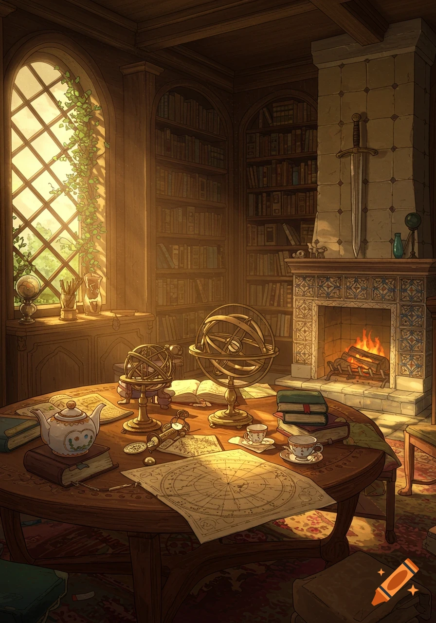 A sunlit old-world library with tall bookshelves, a large window, a fireplace with a sword, and an old wooden table filled with astronomer's tools and a tea set, in Studio Ghibli style.